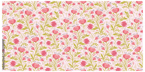 A repeat floral and leaf print pattern, A patterned scarf with pink flowers and green leaves on a light background, bordered by polka dots.