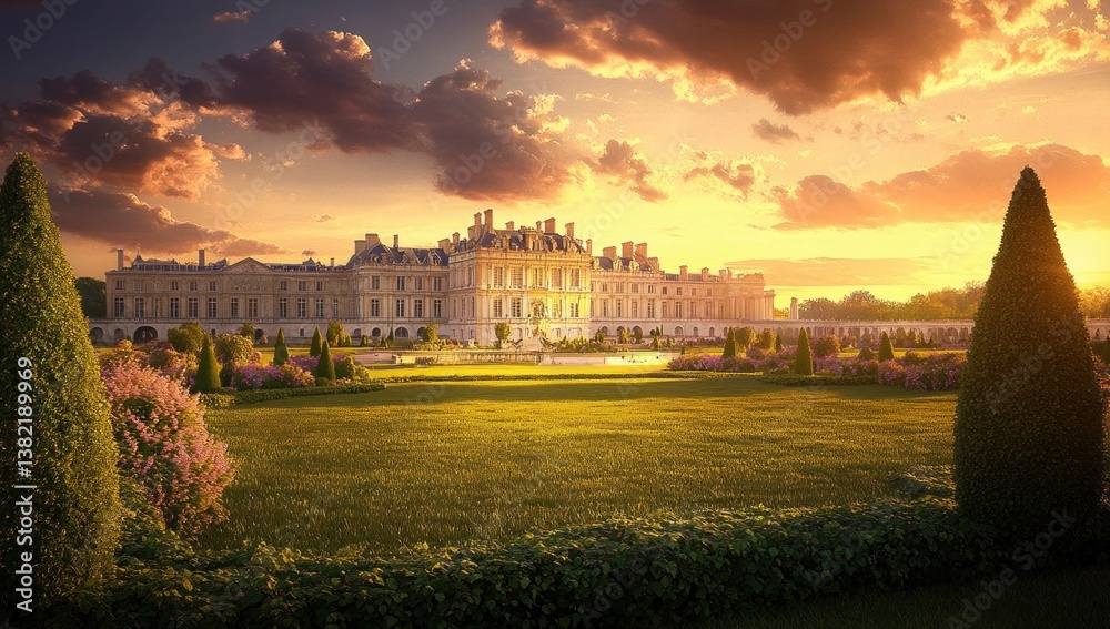 Obraz premium grand estate aglow a stunning vista of manicured lawns elegant architecture and vibrant floral displays bathed in the warm hues of a setting sun
