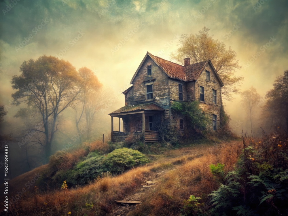 Obraz premium Retro photo: An old house, lost in foggy autumn, whispers tales of forgotten grandeur.