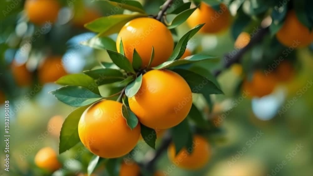 Ripe oranges hanging on tree branches in an orchard, HD animation footage. Ripe oranges hanging on tree branches in an orchard, HD animation footage.