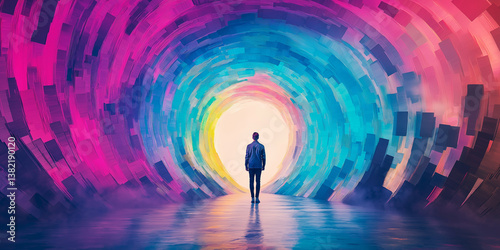 Man standing in front of the entrance to a psychedelic tunnel
