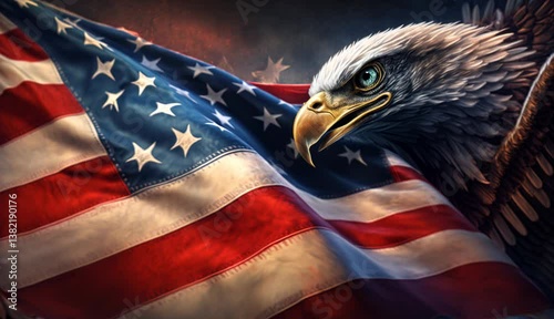 Waving American flag with an eagle symbolizing strength and freedom. 4th of July Memorial or Independence day background. Generative video AI technology.	
