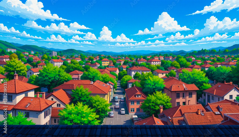 Naklejka premium Bright Blue Summer Sky with White Fluffy Clouds Over Countryside