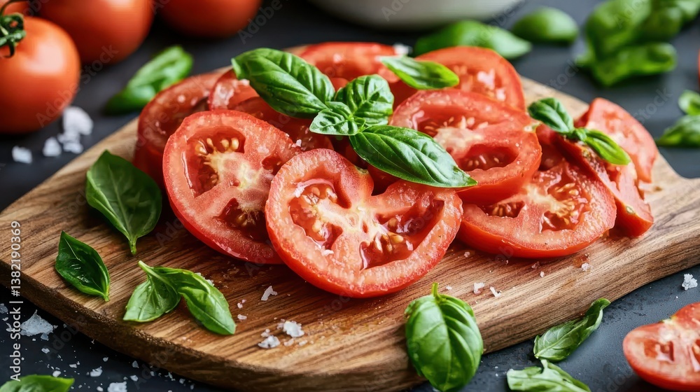 Freshly Sliced Tomatoes and Fragrant Basil on Rustic Wooden Cutting Board Freshly Sliced Tomatoes and Fragrant Basil on Rustic Wooden Cutting Board
