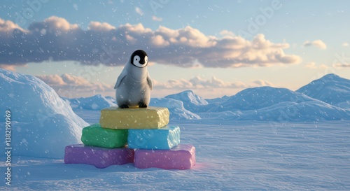 Adorable Penguin on Colorful Ice Blocks in a Snowy Antarctic Landscape