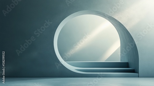 A minimalistic interior featuring a circular window and steps, illuminated by soft light, creating a serene and modern atmosphere.