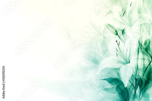 White background with green flowers. The flowers are in a variety of sizes and are spread out