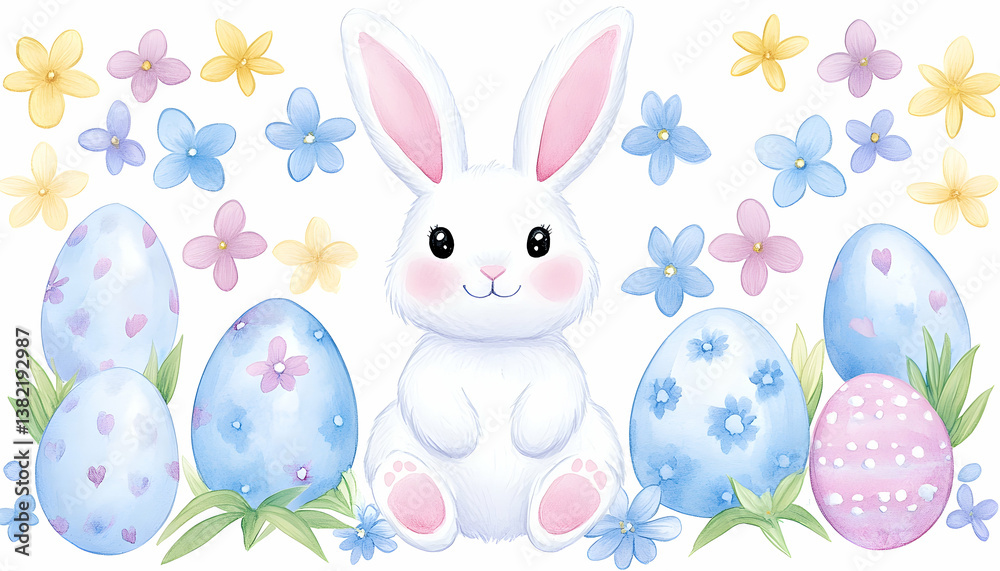Obraz premium Adorable Easter bunny surrounded by pastel eggs and flowers