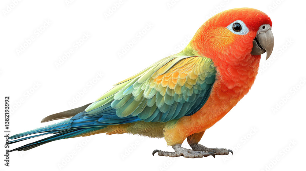 Obraz premium Sun Conure's Vibrant Pose: A captivating sun conure, with its flamboyant display of vivid orange, yellow, and green plumage, strikes a picturesque pose. The bird's sharp gaze exudes alertness.