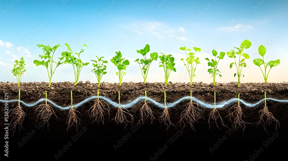 A detailed cross section view showing an underground irrigation system providing water to a row of lush green plants with their extensive root systems extending into the soil