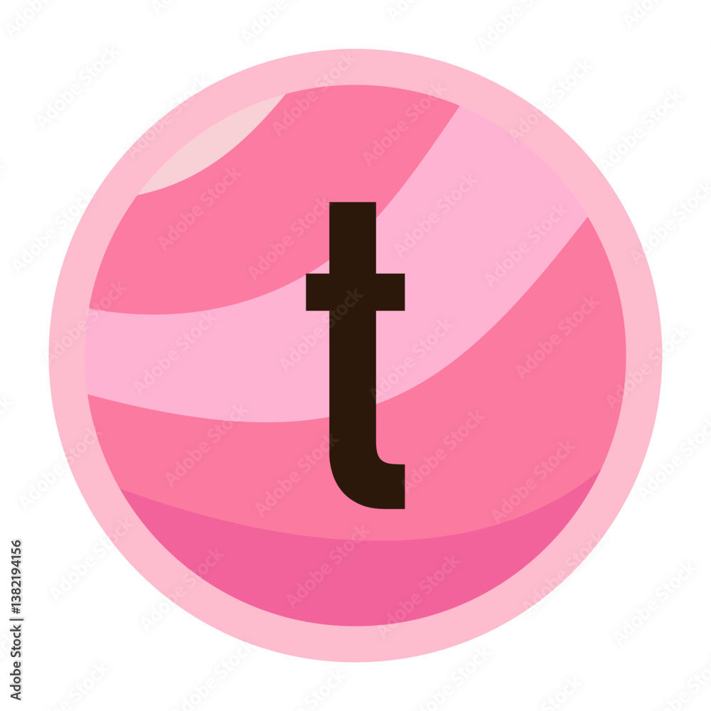 Obraz premium The letter ‘t’ in bold black on a pink candy swirl circle, perfect for Valentine’s Day and romantic designs.