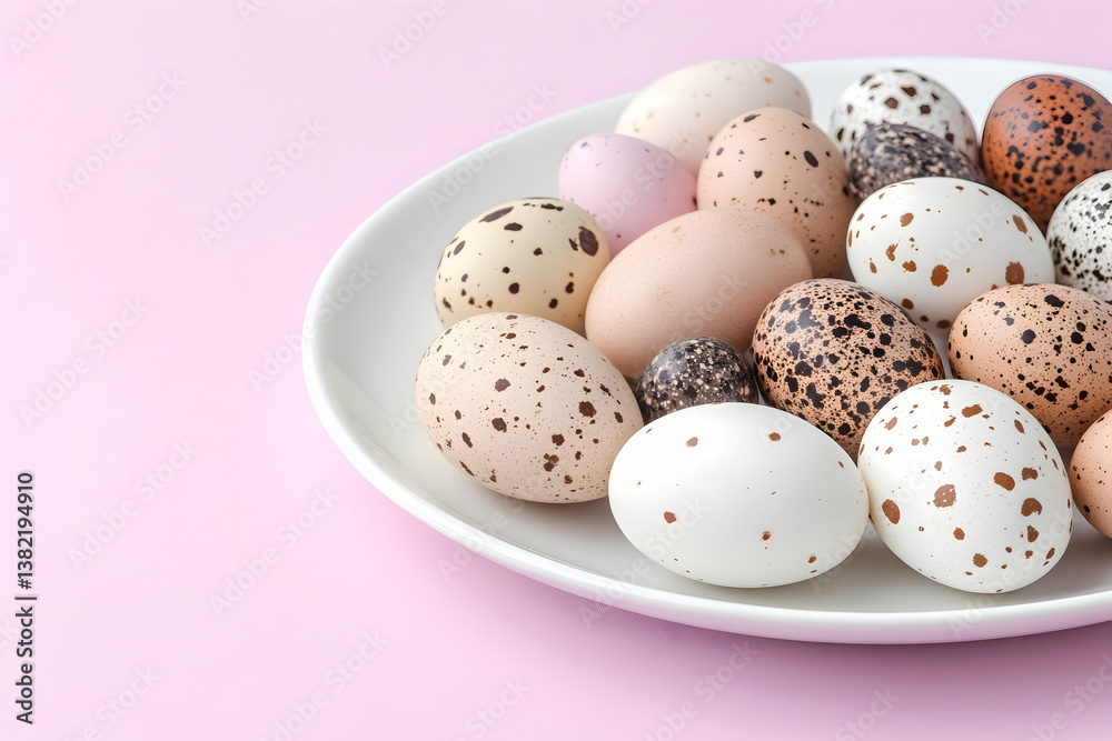 Colorful speckled and plain eggs on a white plate against a pink background Colorful speckled and plain eggs on a white plate against a pink background