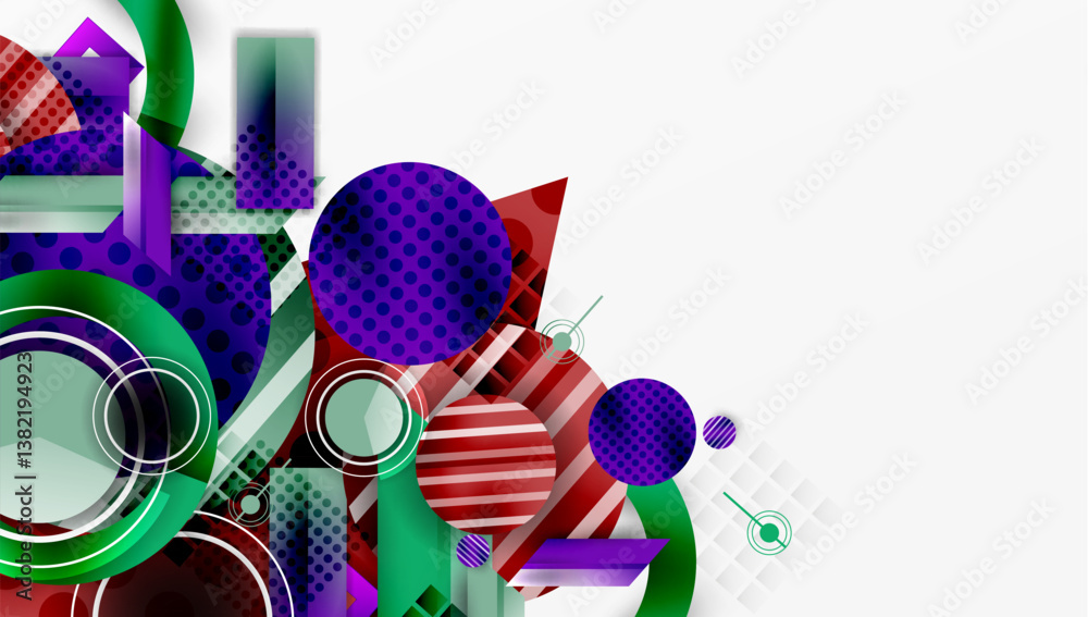 Fototapeta premium Abstract geometric shapes, vibrant colors, overlapping layers. Modern design, dynamic composition, visual texture. Clean lines, bold patterns, artistic expression.