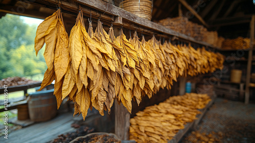 Tobacco leaves hang in rows inside a rustic barn, drying slowly under wooden rafters, symbolizing the age-old process of curing cigar tobacco, blending tradition and craftsmanship.

