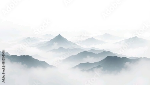 Majestic Mountain Peaks Shrouded in Morning Mist: A Minimalist Landscape View of Misty Mountain Ranges at Dawn