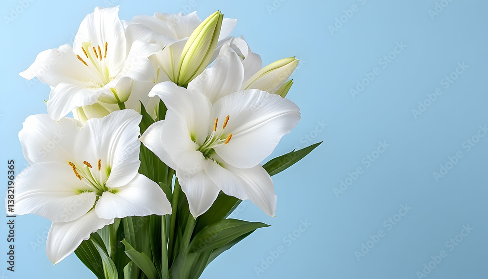 Fototapeta premium Elegant bouquet of pure white lilies against a light blue backdrop