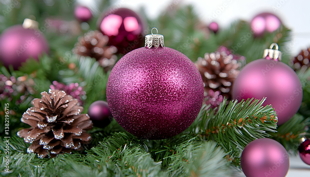 Fototapeta premium Festive purple ornaments nestled in evergreen boughs with pine cones