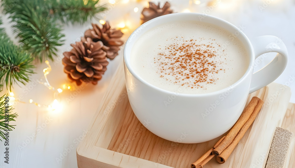 Festive eggnog in a mug with cinnamon and pine cones Festive eggnog in a mug with cinnamon and pine cones