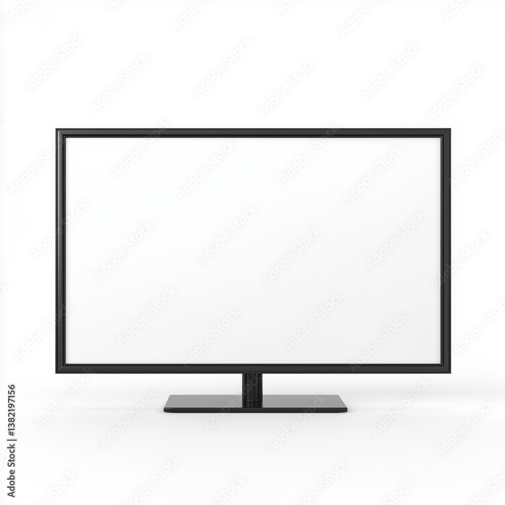 Modern flat black frame display with white screen on minimalist stand Modern flat black frame display with white screen on minimalist stand