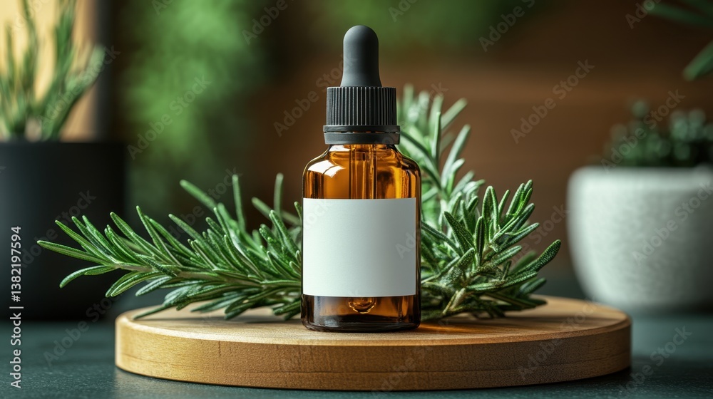Fototapeta premium Dropper bottle with rosemary on wooden tray 