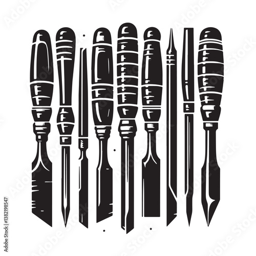 Black Color Chisel Set Silhouette Vector Illustration, Solid White Background