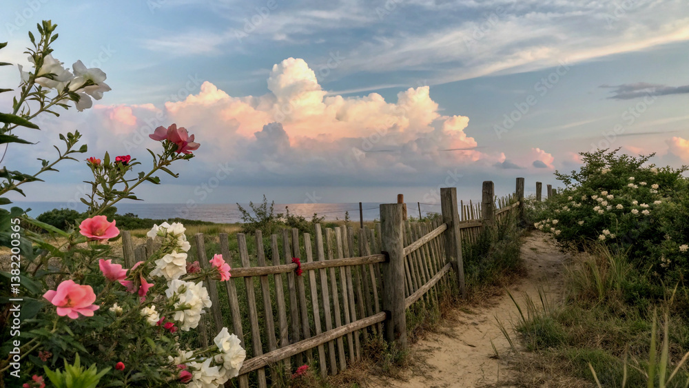 Obraz premium Delicate Blossoms and a Winding Country Road at Sunset