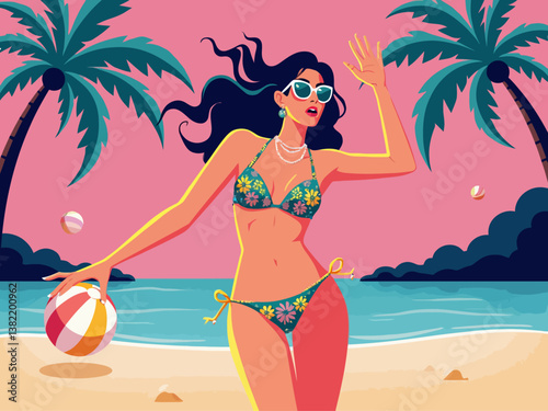 vector illustration woman on bikini playing beach volleyball, 80s