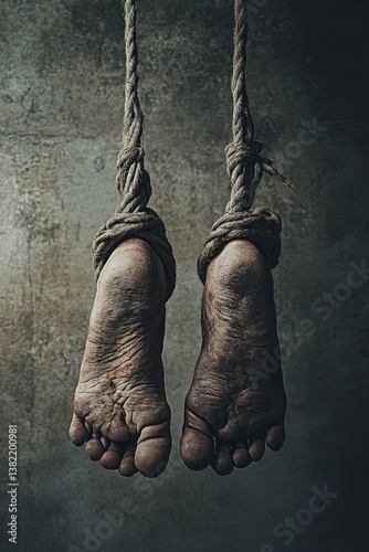 Dirty feet hanging with rope in dark room	