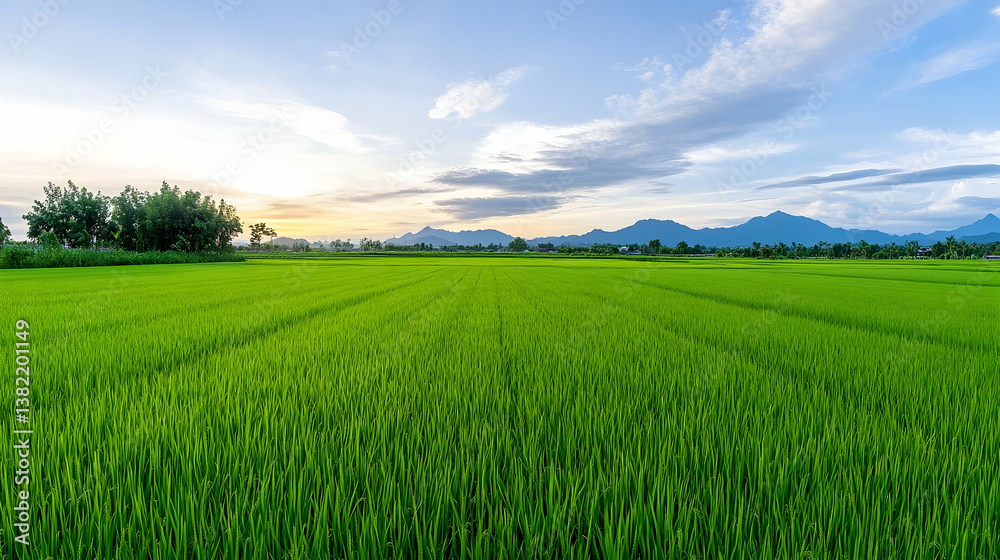Lush green rice paddy field at sunset, mountains in background Lush green rice paddy field at sunset, mountains in background