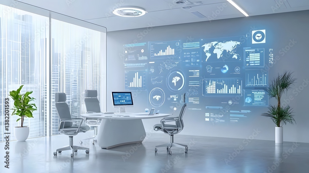A high tech conference room with a wide range of interactive data visualizations and business intelligence dashboards floating in augmented reality enabling data driven decision making and