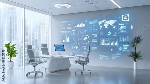 Obraz na płótnie A high tech conference room with a wide range of interactive data visualizations and business intelligence dashboards floating in augmented reality enabling data driven decision making and w salonie