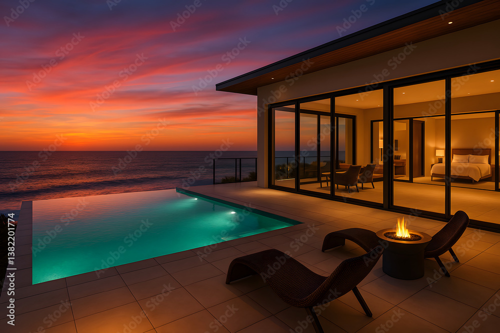 Fototapeta premium Luxurious Beach House at Dusk with Oceanfront Infinity Pool, Ambient Pool Lights, Expansive Terrace with Fire Pits, Modern Architecture and Sliding Glass Doors, Vibrant Sunset