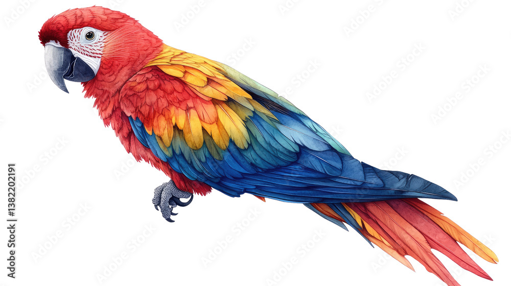 Obraz premium Vibrant Macaw: A stunning illustration of a Scarlet Macaw, showcasing its vivid plumage and sharp features against a simple background.