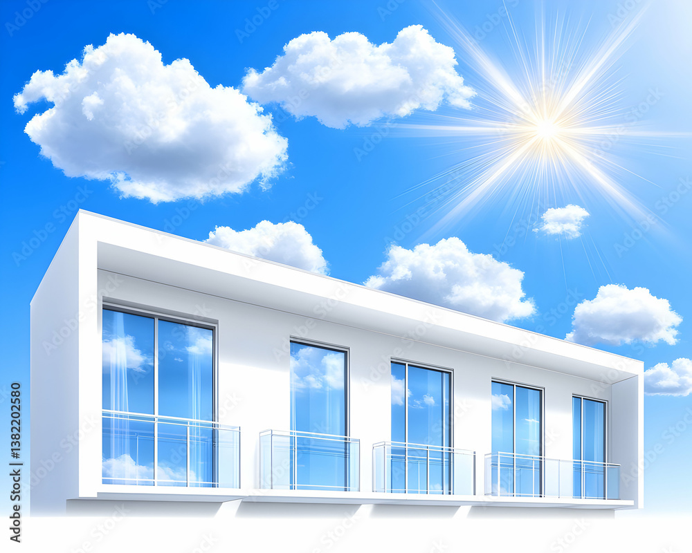 Modern white building with glass balconies against a sunny sky Modern white building with glass balconies against a sunny sky