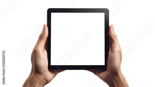 Tablet in Hand: a person hand holding the tablet with the blank screen displayed, emphasizing on technology's role in everyday activity