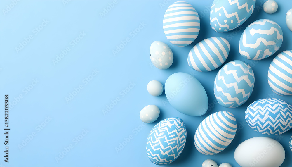 Fototapeta premium Pastel blue Easter eggs arranged on a light blue background