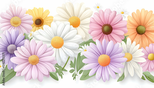 Pastel daisies and greenery border on white