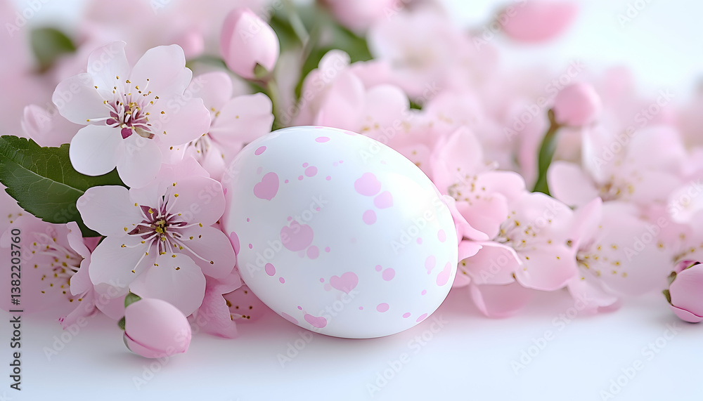 Fototapeta premium Pastel pink blossoms surround a speckled Easter egg
