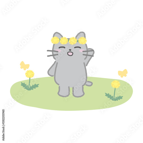 春を満喫するねことたんぽぽのイラスト