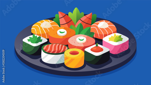A selection of sushi and sashimi delicately plated and topped with vibrant garnishes for a visually pleasing presentation.. Vector illustration