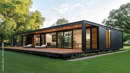 Modern Black Prefabricated House with Wooden Deck and Large Windows