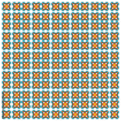 Colorful geometric pattern with repeated square shapes in a grid arrangement, it could be used as a wallpaper, fabric design, pillow cover, curtains or other decorative elements. 