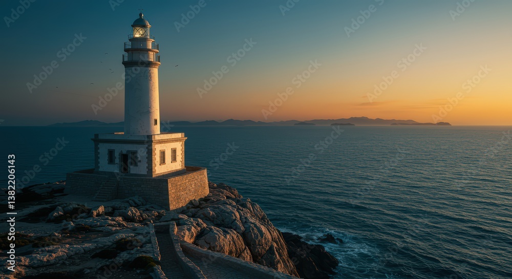 Naklejka premium Lighthouse Sunset Seascape: Coastal Serenity at Golden Hour
