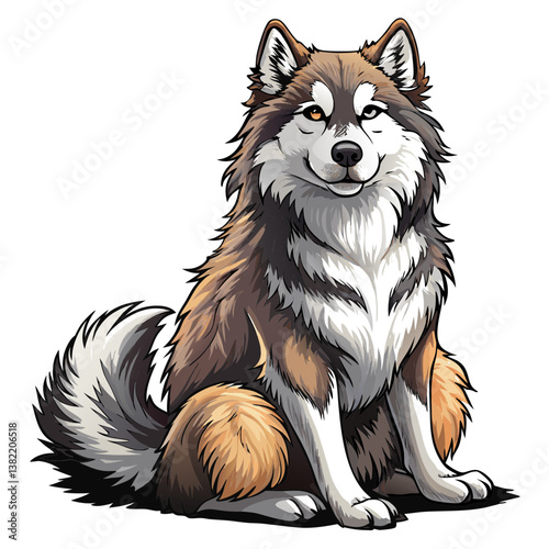 A majestic fluffy Alaskan Malamute, thick white fur, sitting patiently,  full body shot, natural light.