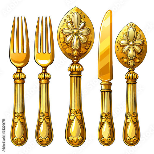 A luxurious, ornate golden cutlery set, showcasing intricate engravings and detailed craftsmanship.  High-resolution image.