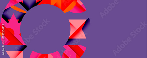 Purple background features abstract red shapes forming partial circle. Geometric design, vibrant colors, modern aesthetic. Minimalist composition, bold contrast.