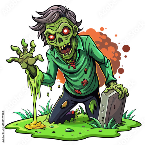 A grotesque, decaying zombie with exposed, rotting flesh and bone reaching out from the darkness.  Focus on detail of decomposition.