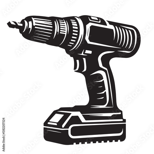 Black Color Cordless Drill Silhouette Vector Illustration, Solid White Background