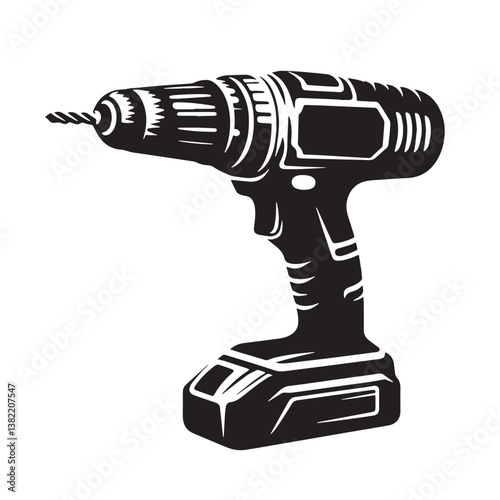 Black Color Cordless Drill Silhouette Vector Illustration, Solid White Background