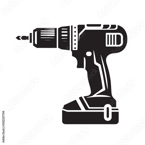 Black Color Cordless Drill Silhouette Vector Illustration, Solid White Background